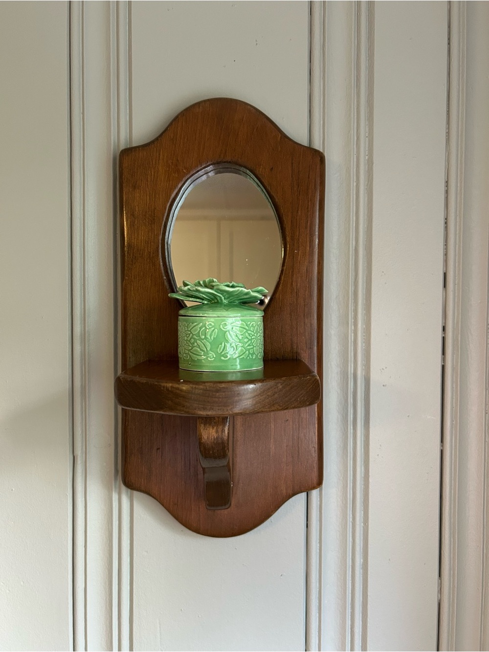 Vintage Solid Wood Wall Sconce Shelf with Oval Mirror - jar not included